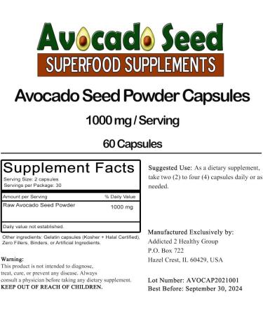 Avocado Seed Powder Capsules 60 Count - Prebiotic Fiber + Antioxidant Supplement for Digestive Health | Raw Food SuperFood - Buy Online on GoSupps.com
