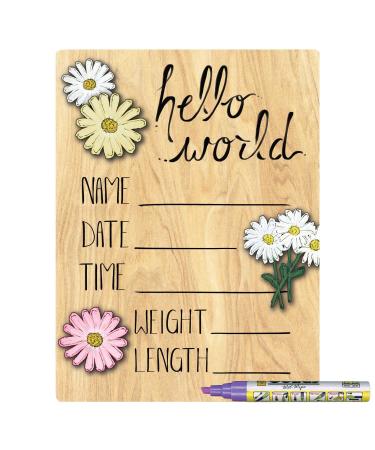 Cohas Hello World Newborn Baby Announcement Printed Wood Sign with Daisy Flower Theme, 9 by 12 Inches, Purple Marker 9 by 12 Inch Purple Marker