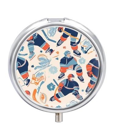 Pill Box Pill Case 3 Compartment Travel Pill Box Hockey Elements Creative Patterned Printing Small Pill Box Portable Medicine Pill Case Pill Organizer for Purse & Pocket for Travel Handbag (Round)