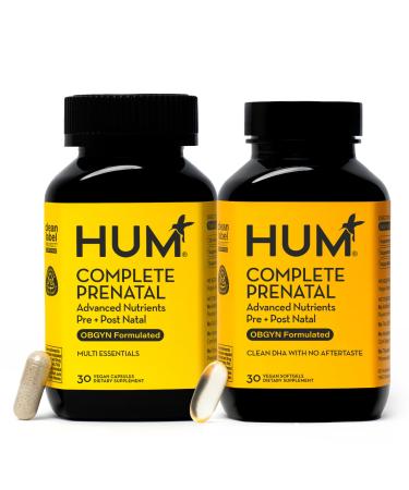 HUM Complete Prenatal Multivitamin for Women with Folate DHA and Choline 23 Nutrients for Daily Support Gluten Free Non GMO Supplement for Pre During and Post Pregnancy 30 Vegan Capsules