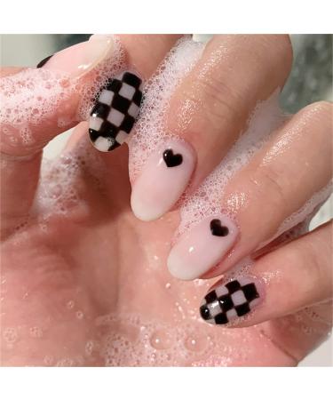 False Nails Short Sharp Full Cover Glue Included Heart and Checkerboard Press on Nails 24 Pieces Nail Art Tip with Box for Nail Salons and Women DIY Nail Art