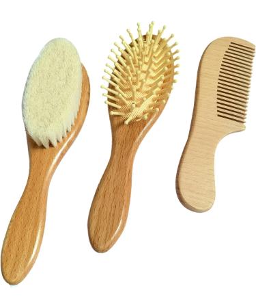 Molylove 3 Piece Baby Hair Brush and Comb Set for Newborn - Natural Wooden Hairbrush with Soft Goat Bristles - Gentle Scalp Grooming for Infant, Toddler, Kids - Buy Online on GoSupps.com