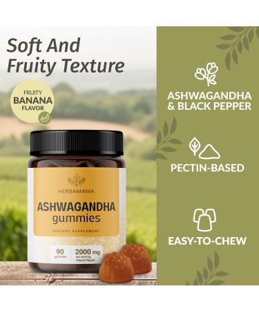 HERBAMAMA Ashwagandha Gummies - 2000mg Pure Ashwagandha Root with Black Pepper for Calm & Mood Support - Vegan Non-GMO Calming Supplements for Adults - 90 Pectin-Based Banana-Flavored Chews - Buy Online on GoSupps.com