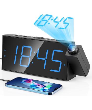 Mesqool Digital Projection Alarm Clocks for Bedrooms Large LED Display 180Â° Rotatable Projector 5 Level Dimmer USB - Blue Digits & Blue Projection