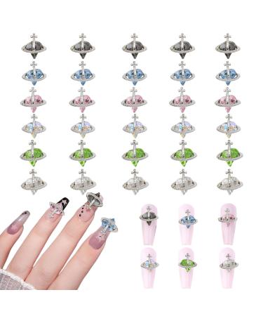 Planet Nail Charms 30PCS Colorful 3D Heart Saturn Nail Rhinestones Nail Art Alloy Diamond Crystal Luxury Nail Gems Ornament for Women Girls Nail Art Decorations DIY Crafts