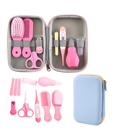 Luckyforever Baby Grooming Kit  8-in-1 Baby Health and Grooming Kit  Protable Baby Care Set with Hair Brush  Hair mb  Scissors  Nail Clippers  Nail File  Finger Toothbrush  Nose Cleaner  2xPink 2*Pink