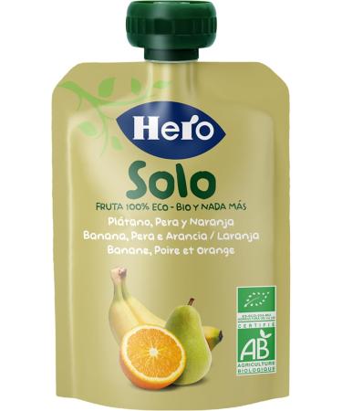Hero Solo Organic Bottle of Banana Pear and Orange 100% Natural Organic Fruit Puree Compote without Added Sugar Gluten Free for Babies from 4 Months Pack of 18 x 100 g - Buy Online on GoSupps.com