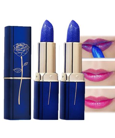 Blue Enchantress Color Changing Lipstick Blue Rose Lipstick Temperature Color Changing Discoloration and Non Fading Moisturizing Matte Lipstick Long-lasting Moisturizing Lipstick (2pcs Blue Tube)
