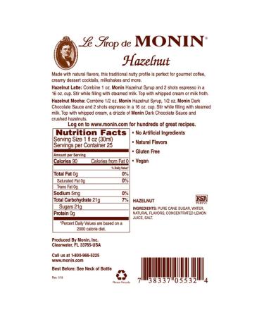 Monin Hazelnut Syrup 750ml - Nutty Caramelized Flavor for Mochas, Lattes & Cocktails | Non-GMO & Gluten-Free - Buy Online on GoSupps.com