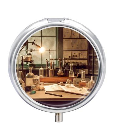Pill Box Pill Case 3 Compartment Travel Pill Box Vintage Chemistry Lab Printing Small Pill Box Portable Medicine Pill Case Pill Organizer for Purse & Pocket for Travel Handbag (Round)