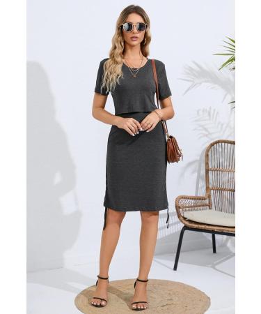 Sosolism 4 in 1 Maternity Nursing Dress - Short Sleeve Side Drawstring Top, Carbon Gray | Women's Breastfeeding Apparel - Buy Online on GoSupps.com