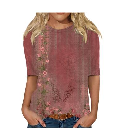 Yihaojia Women's Half Sleeve T Shirts Casual Summer Vintage Floral Print Loose Fit Tops Dressy Round Neck Boho Blouses Red Large