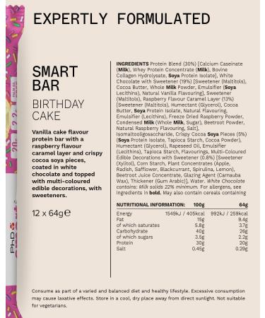 PhD Nutrition Smart Protein Bar Low Calorie Nutritional Protein Bars Protein Snacks High Protein Low Sugar 20g of Protein - Birthday Cake - Pack Of 12 - Buy Online on GoSupps.com