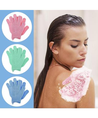 Sibba 3 Pairs Bath Exfoliating Gloves - Body Scrub Shower Scrubber Set with Hooks - Spa Loofah Shower Glove for Men and Women (Green, Blue, Pink) - Buy Online on GoSupps.com