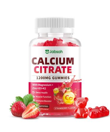 Calcium Citrate Gummies 1200mg High Absorption Calcium Supplements with Vitamin D3 K2 Magnesium Zinc for Bone Muscle & Immune Support Calcium Gummies for Women & Men Strawberry Flavor 60 Count 60 Count (Pack of 1)