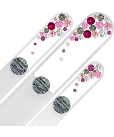 Mont Bleu Set of 3 Crystal Nail Files Hand Decorated with Swarovski Elements in Black Velvet Sleeve - Genuine Czech Tempered Glass - Hand-Made Glass Nail Files Pink - Buy Online on GoSupps.com