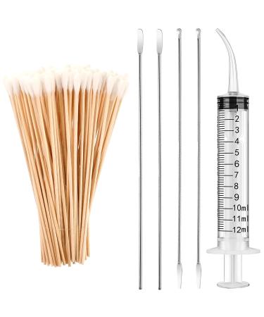 Tonsil Stone Removal Set Includes 4 Stainless Steel Tonsil Stone Removal Tools and 100 Long Swabs with 1 Curved Irrigator Syringe to Get Rid of Bad Breath