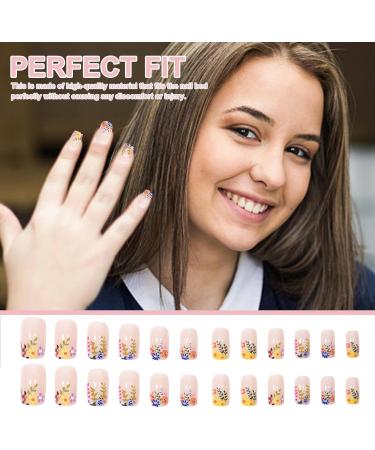 Square Fake Nails - Square Flower False Nails Long Lasting and Detachable Artificial Short False Nails for Girls Women Lencyh - Buy Online on GoSupps.com