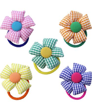 NAIHOD 5 Pcs Elastic Hair Bands with Flowers 5 Colors Checked Cotton Elastic Ties Flower Ponytail Holder Pigtail Ties Cotton Flower Bow Hair Bands Fashionable Hair Accessories for Girls Women