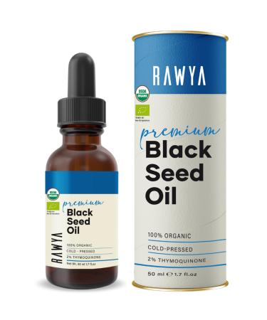RAWYA Black Seed Oil - Cold Pressed - Nigella Sativa- High TQ 2% - Kalonji Oil - Premium Black Cumin Seed for Beauty and Wellness - Daily Essentials Nutrients - 1.7 Fl Oz Glass Bottle