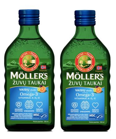 M LLER'S Moller's Fish Cod Liver Oil with Omega 3 Vitamins Fruit Flavour 250 Ml Liquid Supplement Made in Norway 2 Bottles