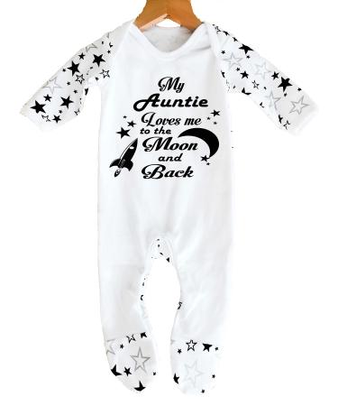 'My Auntie Loves Me to The Moon and Back' Baby Boy Girl Sleepsuit Designed and Printed in the UK Using 100% Fine Combed Cotton 3-6 Months White/Black Stars