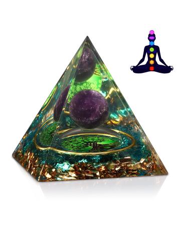 Orgone Pyramid Healing Crystal Pyramid Gifts -Tree of Life Amethyst Crystal Stone for Positive Energy Chakra Healing Meditation Yoga Orgonit Pyramid Attract Lucky Health Weath Home Decor -6CM Amethyst Stone