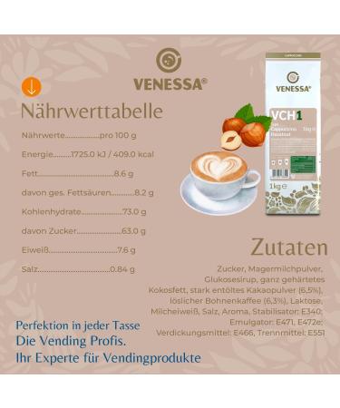 VENESSA VCH 1 Cappuccino Hazelnut 2 x 1kg Packs of Instant Soluble Coffee with Hazelnut Flavour Creamy Aroma All Vending & Office Automatic Coffee Machines - Buy Online on GoSupps.com