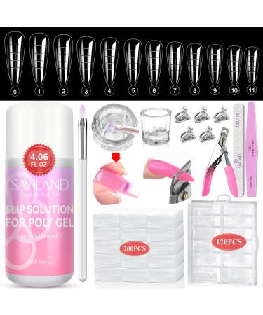 Saviland Slip Solution Polygel Nail Kit-Slip Solution for Nails with 120 pieces Nail tips nail extension dual shape acrylic brush dappen DIPH FOROOTOTORITION-STIG 200 pieces wattest c (White) 2-120ml Coffin