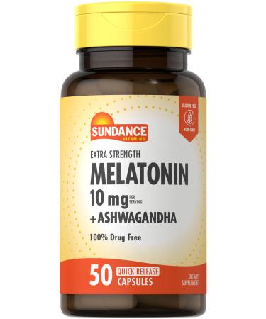 Sundance Melatonin 10mg with Ashwagandha | 50 Capsules | Extra Strength | Non-GMO & Gluten Free Supplement