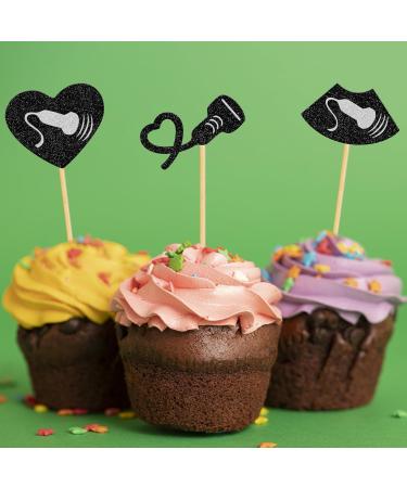 Sonography Cupcake Toppers 24 PCS Ultrasound Cake Decorations for Sonographer X-ray Radiology Technician Nurse Cupcake Picks Glitter Black Sliver - Buy Online on GoSupps.com