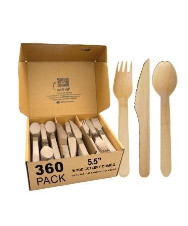 Naturelia Wooden Compostable Cutlery Set - 360 Pieces: Eco-Friendly Biodegradable Wooden Cutlery Set (120 Forks 120 Spoons 120 Knives) for Parties - Plastic-Free Dining Experience