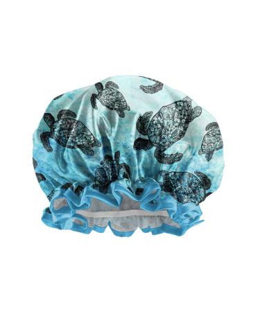 WIRESTER Elastic Reusable Bathing Hair Cap  Waterproof Shower Cap  Fashion Bath Cap for Women Girls - Blue Ocean Sea Turtles