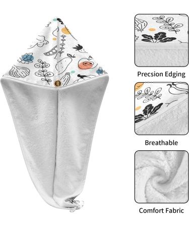 Doodle Vegetables & Fruits Dry Hair Cap Set - 2 Piece Quick Drying Towel with Button Headband Super Absorbent & Soft Comfort - Buy Online on GoSupps.com