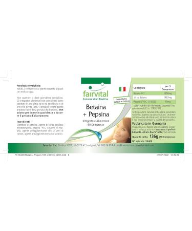 Fairvital Betaine HCl with Pepsin - 650mg Digestive Enzymes - 90 High Dose Tablets for Optimal Digestion | International Shipping Available - Buy Online on GoSupps.com