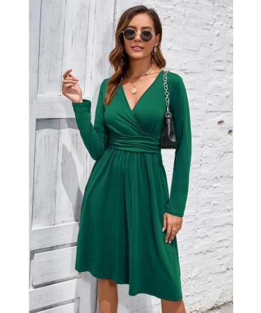 OUGES Women's Spring Casual Midi Dress | Long Sleeve V-Neck Floral Wrap Dress with Pockets XL Green - Buy Online on GoSupps.com
