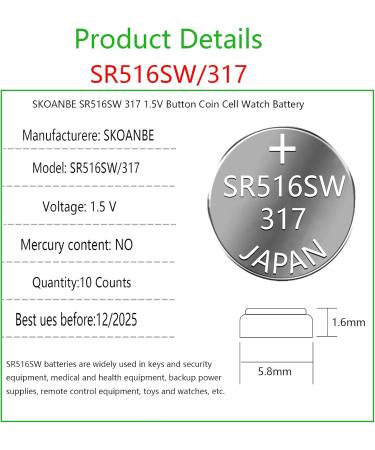 SKOANBE SR516SW 317 Silver Oxide Watch Battery - 10-Pack | Long-lasting 1.5V Button Cell for Watches - International Shipping Available - Buy Online on GoSupps.com