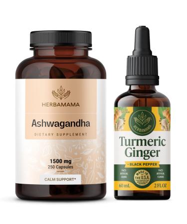 HERBAMAMA Ashwagandha and Turmeric Ginger Kit - Bundle of 1500 mg Ashwagandha Root Capsules & Turmeric Ginger Tincture 2 fl oz - Vegan Non-GMO Sugar & Alcohol-Free - 2 Pack