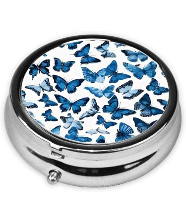 Blue Butterflies Round Pill Box | 3 Compartment Mini Decorative Travel Organizer for Tablets & Vitamins - Buy Online on GoSupps.com