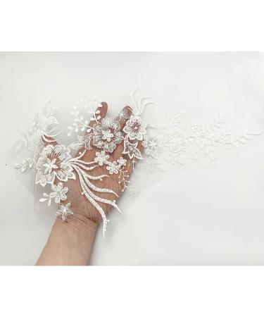 3D White Sequin Bead Floral Lace Trim Applique Patches - Wedding Dress DIY (1 Pair) - Buy Online on GoSupps.com