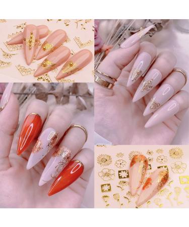 Gold Flowers Nail Art Stickers Decals - 3D Metallic Leaves, Self-Adhesive, 12 Small Sheets for Women Manicure - Buy Online on GoSupps.com