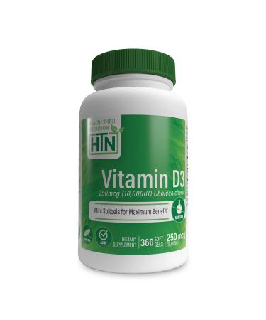 Health Thru Nutrition Vitamin D3 10 000iu 250mcg Cholecalciferol | Mini Softgels for Maximum Benefit | 3rd Part Tested | Non-GMO USP Grade in Organic EVOO | Immune Health Support (Pack of 360) 360 Count (Pack of 1)