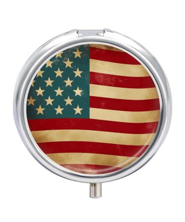 Round Pill Box Vintage American Flag 4Th of July USA Print 3 Compartment Medicine Pill Case Print Pill Organizer Decorative Metal Portable Pill Box Pocket Pill Box