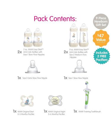 MAM Welcome Home Gift Set - 9-Piece Anti-Colic Baby Bottles, Pacifiers, Nipples, Toothbrush - Baby Shower Gifts - Buy Online on GoSupps.com