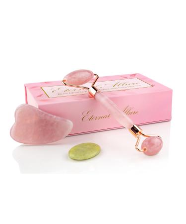 Eternal Allure Rose Quartz Face Roller & Gua Sha 3-in-1 Jade Roller with Detailed Instructions Guide  Self Care Tools for Puffy Eyes  Face  Neck  Lymphatic Drainage  Fine Includes Travel Pouch