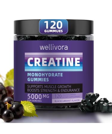 Creatine Monohydrate Gummy - 5000mg per Serving 120 Count - Supports Muscle Strength Endurance and Energy - Delicious Blackcurrant Flavor - Gluten-Free Vegan-Friendly