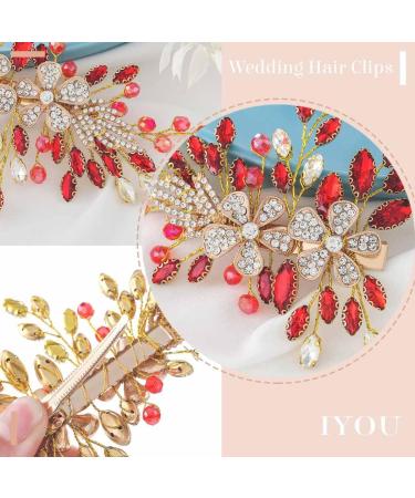 IYOU Crstal Wedding Hair Clip Flower Red Barrette Headpiece Rhinestone Hair Combs Prom Bridal Hair Accessories for Women - Buy Online on GoSupps.com