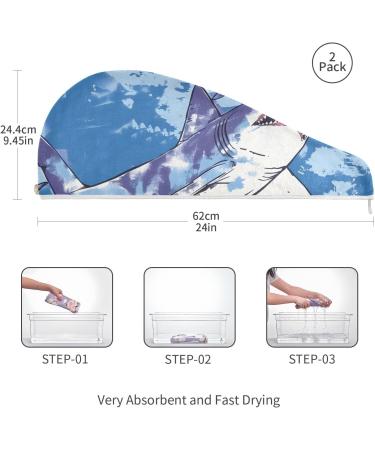 Shark Blue Hair Towel 2 Pack - Super Absorbent Quick Drying Hair Turbans for Women & Girls - Buy Online on GoSupps.com