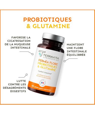 PERMEA FLORA | Probiotics and Glutamine | Intestinal Flora and Mucosal Healing | Ideal Against Intestinal Permeability | 60 Gastro-resistant Capsules | Made in France | Terravita - Buy Online on GoSupps.com