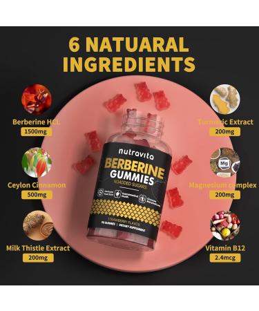 Nutravita Berberine Gummies with Ceylon Cinnamon 1500mg High Potency Berberine HCL Supplement for Immune and Metabolism Support Sugar Free Organic Berberine Gummies Strawberry Flavor-1PACK Strawberry 90 Count (Pack of 1) - Buy Online on GoSupps.com
